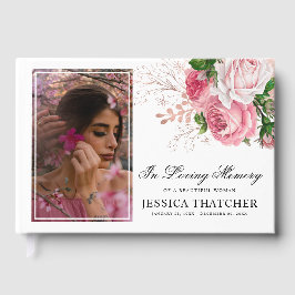 Elegant Rosa Blommigt Foto Memorial Keepsak Gästböcker