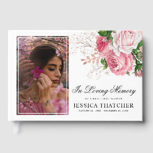 Elegant Rosa Blommigt Foto Memorial Keepsak Gästböcker