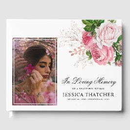 Elegant Rosa Blommigt Foto Memorial Keepsak Gästböcker