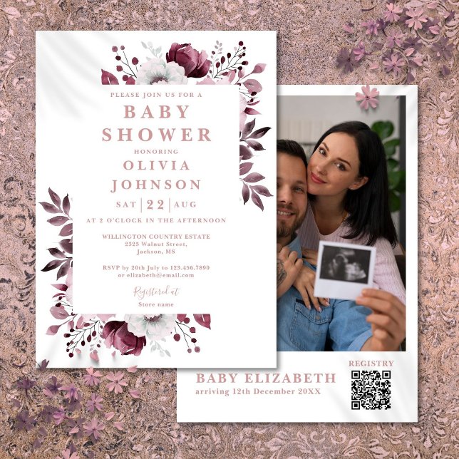 Elegant Rosa Blommigt Foto QR-kod Babykläder Inbjudningar (Elegant Pink Floral Photo QR Code Baby Shower Invitation)