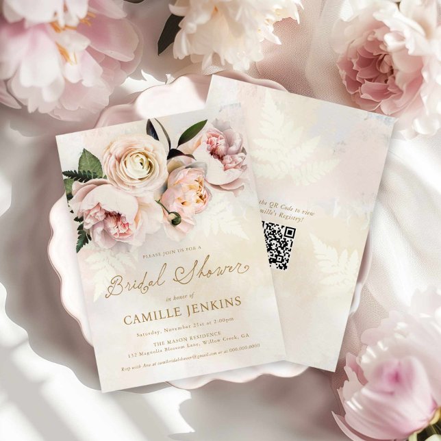 Elegant Rosa Blommigt Garden QR-kodMöhippa Inbjudningar (Pink Blush Floral Garden Bridal Shower Invitation)