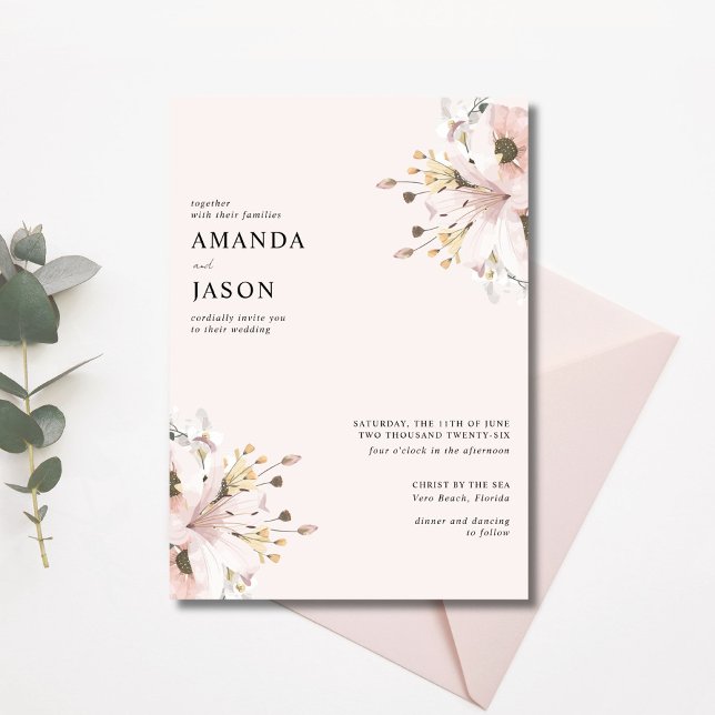 Elegant Rosa Blommigt Garden Wedding Wedding Inbjudningar (Elegant Pink Floral Garden Wedding Invitation)