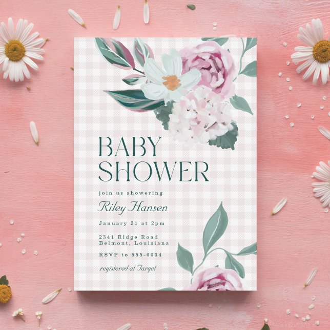Elegant Rosa Blommigt Gingham Girl Baby Shower Inbjudningar (Skapare uppladdad)