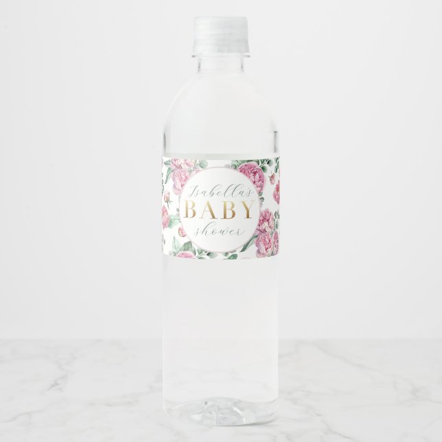 Elegant Rosa Blommigt Girl Baby Shower Vattenflask Vattenflaskor Etikett (Framsida)