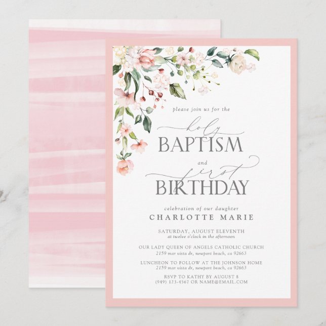 Elegant Rosa Blommigt Girl Baptism & 1st Birthday Inbjudningar (Fram/baksida)