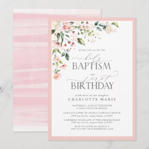 Elegant Rosa Blommigt Girl Baptism & 1st Birthday Inbjudningar