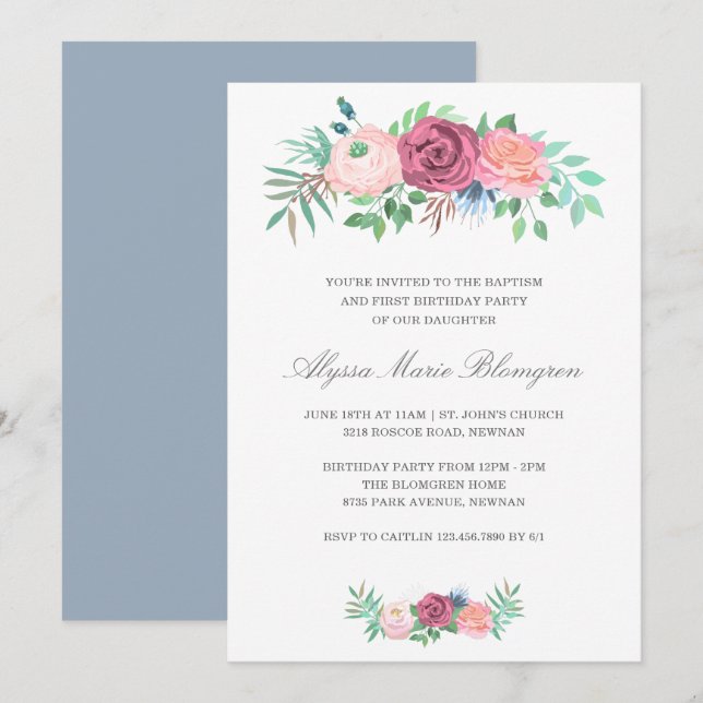 Elegant Rosa Blommigt Girl Baptism First Birth Inbjudningar (Fram/baksida)