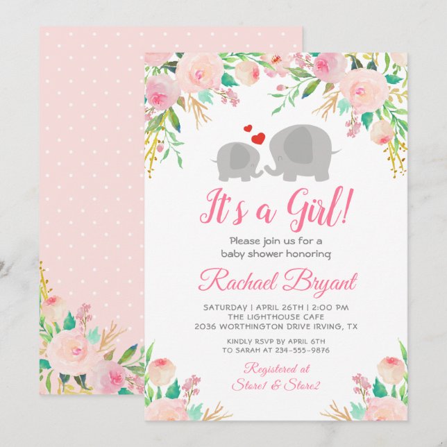 Elegant Rosa Blommigt Girl Elephant Baby Shower Inbjudningar (Fram/baksida)