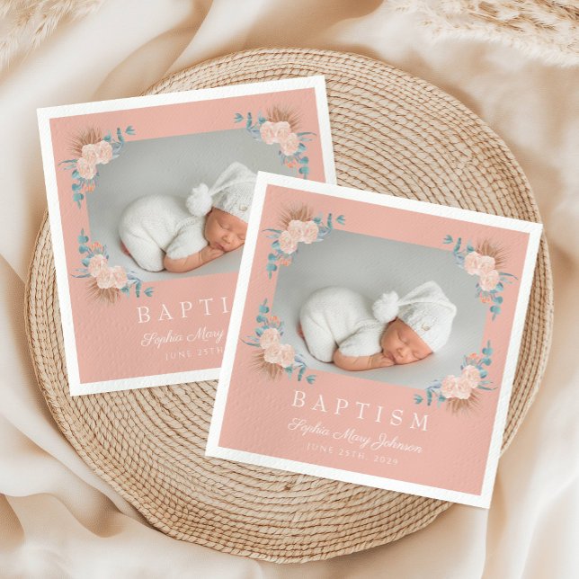 Elegant Rosa Blommigt Girl Girl Baptism Photo Pappersservett (Elegant Pink Floral Girl Baptism Photo Napkins)