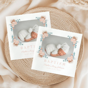 Elegant Rosa Blommigt Girl Girl Baptism Photo Pappersservett