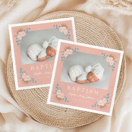 Elegant Rosa Blommigt Girl Photo Baptism Pappersservett