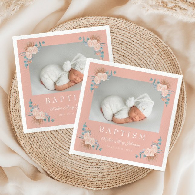 Elegant Rosa Blommigt Girl Photo Baptism Pappersservett (Elegant Pink Floral Girl Photo Baptism Napkins)