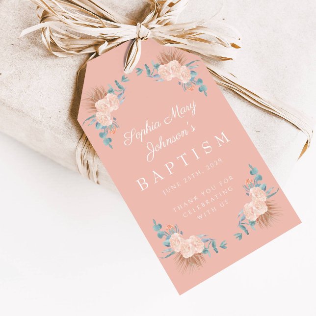 Elegant Rosa Blommigt Girl Photo Baptism Presentetikett (Elegant Pink Floral Girl Photo Baptism Gift Tags)