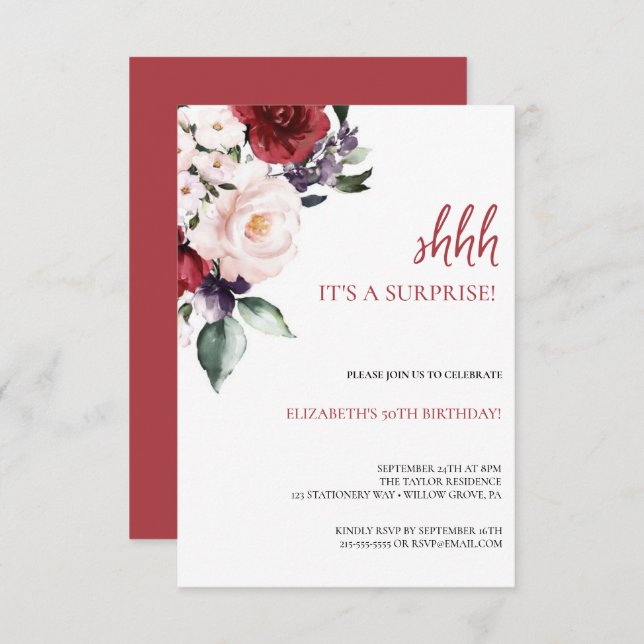 Elegant Rosa Blommigt & Glitter 50:e Födelsedagsfe Inbjudningar (Fram/baksida)