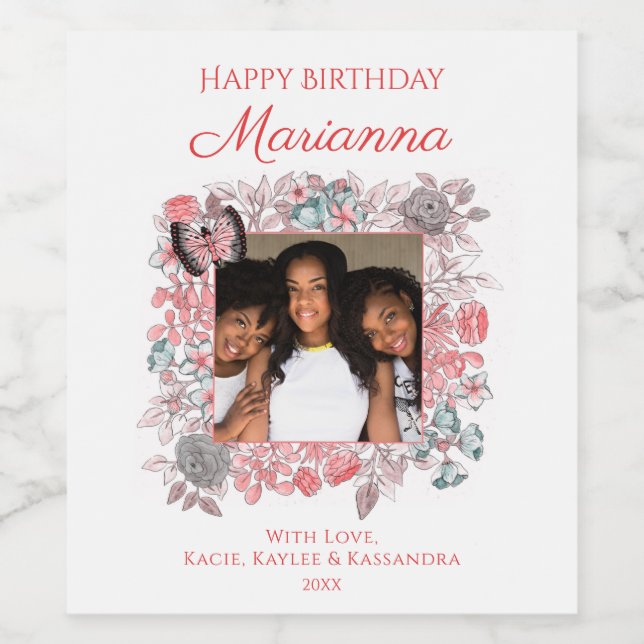 Elegant Rosa Blommigt Grattis på födelsedagen Fami Vinflaska Etikett (Singel etikett)