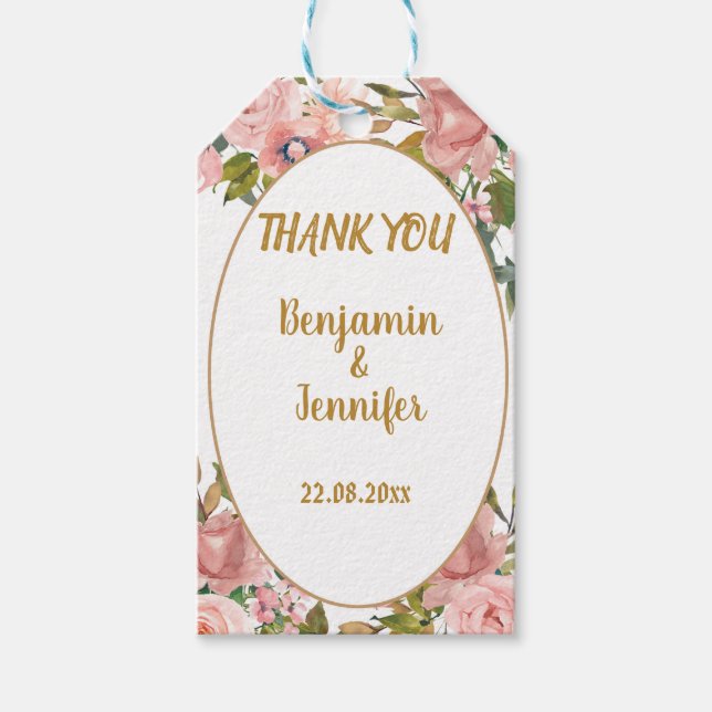 Elegant Rosa Blommigt Greenery Bröllop Tack Presentetikett (Framsidan)