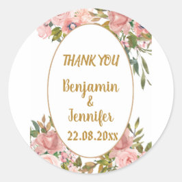 Elegant Rosa Blommigt Greenery Bröllop Tack Runt Klistermärke