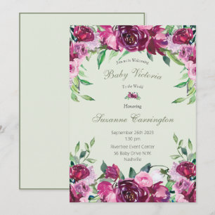 Elegant Rosa Blommigt Grönt Flickskript Baby Inbjudningar