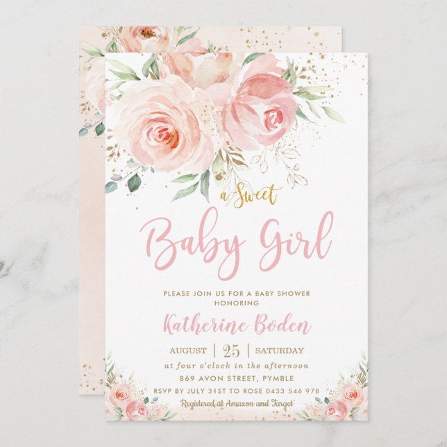 Elegant  Rosa Blommigt Guld Baby Shower Inbjudningar (Fram/baksida)
