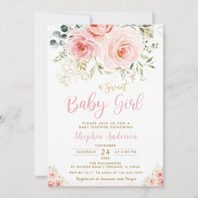 Elegant  Rosa Blommigt Guld Baby Shower Inbjudningar (Framsida)