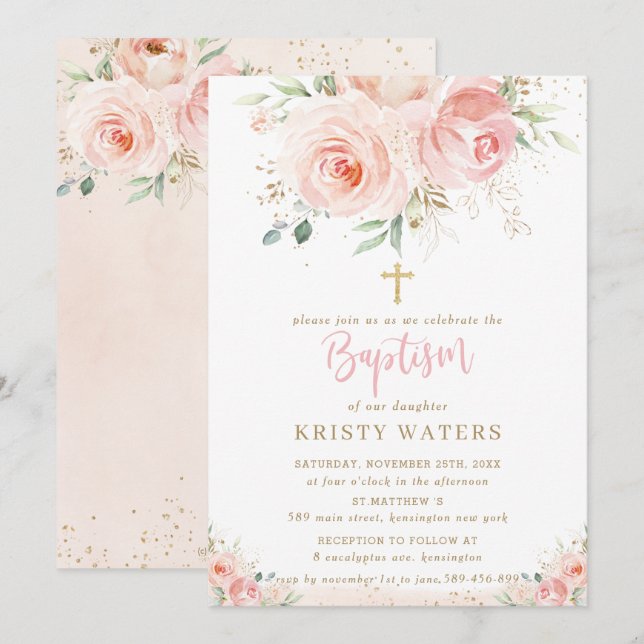 Elegant  Rosa Blommigt Guld Baptism Inbjudningar (Fram/baksida)