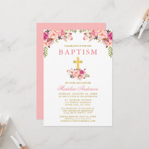 Elegant Rosa Blommigt Guld Baptism Inbjudningar