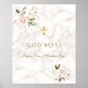 Elegant Rosa Blommigt Guld Baptism Välsigna dig-te Poster