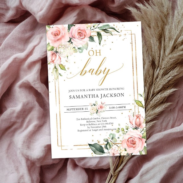 Elegant rosa blommigt guld boho, babydusch inbjudningar (Elegant lush pink floral gold boho oh baby shower invitation)