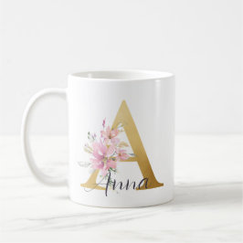 Elegant Rosa Blommigt Guld Brev Monogram A Kaffemugg