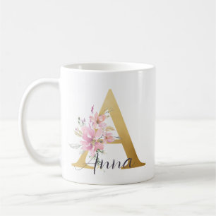 Elegant Rosa Blommigt Guld Brev Monogram A Kaffemugg