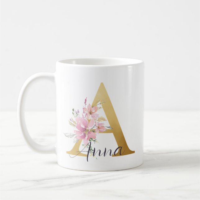 Elegant Rosa Blommigt Guld Brev Monogram A Kaffemugg (Vänster)
