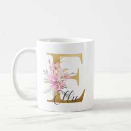 Elegant Rosa Blommigt Guld Brev Monogram E Kaffemugg