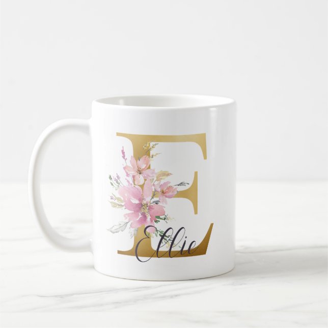 Elegant Rosa Blommigt Guld Brev Monogram E Kaffemugg (Vänster)