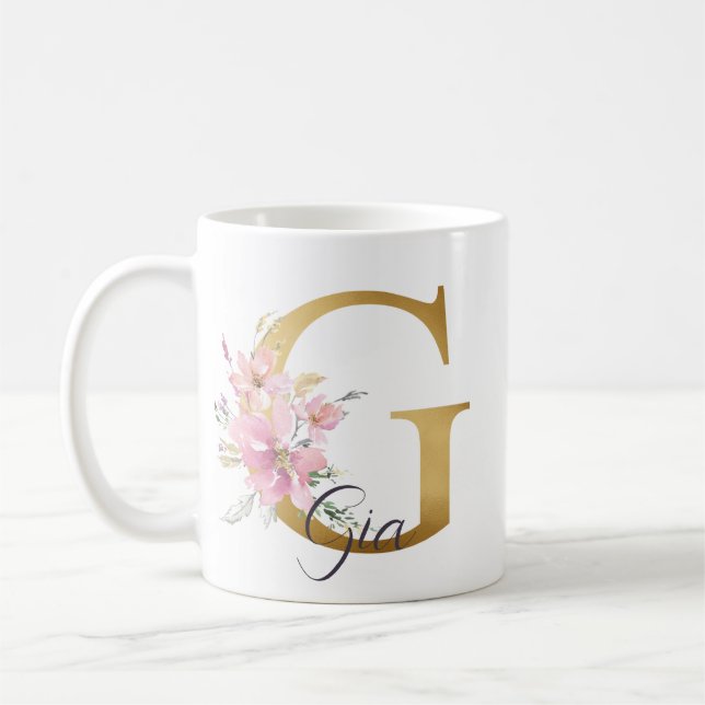 Elegant Rosa Blommigt Guld Brev Monogram G Kaffemugg (Vänster)