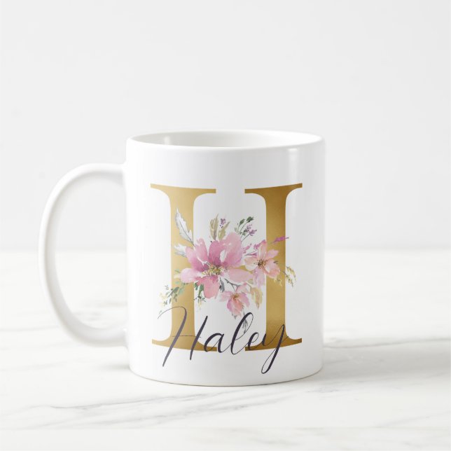 Elegant Rosa Blommigt Guld Brev Monogram H Kaffemugg (Vänster)