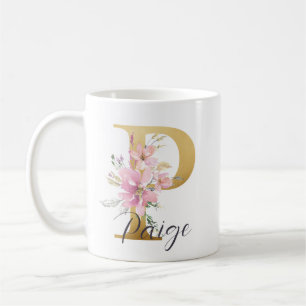Elegant Rosa Blommigt Guld Brev Monogram P Kaffemugg