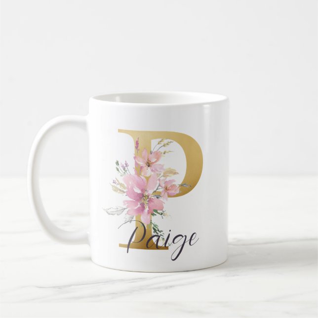 Elegant Rosa Blommigt Guld Brev Monogram P Kaffemugg (Vänster)