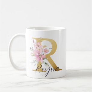 Elegant Rosa Blommigt Guld Brev Monogram R Kaffemugg
