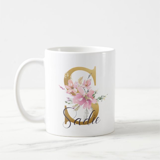 Elegant Rosa Blommigt Guld Brev Monogram S Kaffemugg (Vänster)