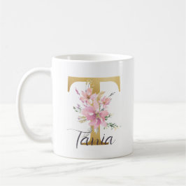 Elegant Rosa Blommigt Guld Brev Monogram T Kaffemugg