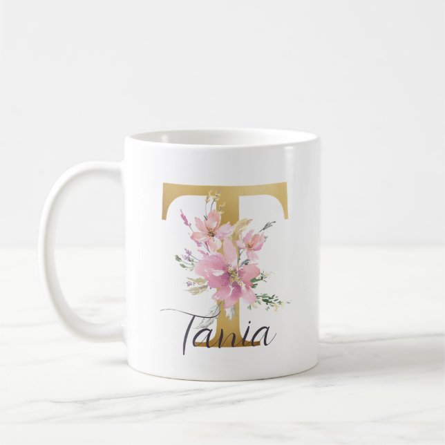 Elegant Rosa Blommigt Guld Brev Monogram T Kaffemugg (Vänster)