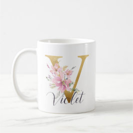 Elegant Rosa Blommigt Guld Brev Monogram V Kaffemugg