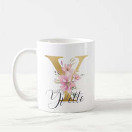 Elegant Rosa Blommigt Guld Brev Monogram Y Kaffemugg