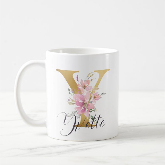 Elegant Rosa Blommigt Guld Brev Monogram Y Kaffemugg (Vänster)