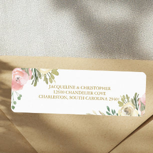 Elegant Rosa Blommigt Guld Bröllop Returadress Etikett