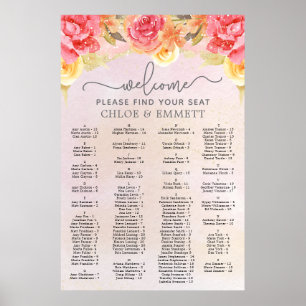 Elegant Rosa Blommigt Guld Bröllop, sittdiagram fö Poster
