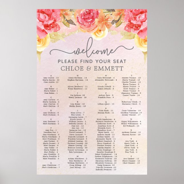 Elegant Rosa Blommigt Guld Bröllop, sittdiagram fö Poster (Framsidan)