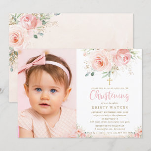 Elegant Rosa Blommigt Guld Christening Photo Inbjudningar
