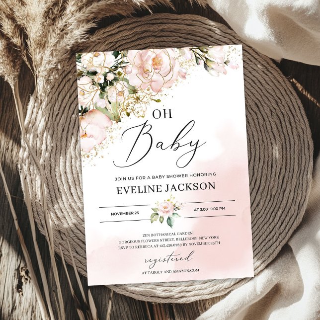 Elegant  rosa blommigt guld flicka, babydusch inbjudningar (Elegant blush pink floral gold girl oh baby shower invitation)