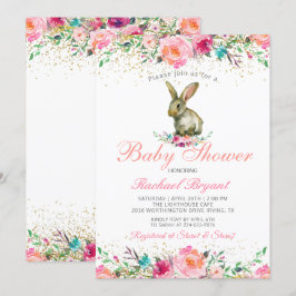 Elegant Rosa Blommigt Guld Glitter Bunny Baby Show Inbjudningar